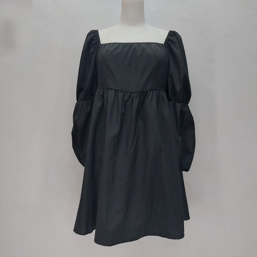Exlura Babydoll Mini Dress Women's L Black Puff Sleeve Square Neck Smocked Back